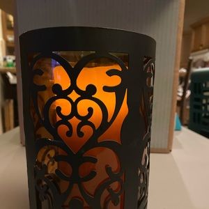 Candleholder dark bronze PotteryBarn glass insert battery flickering candle.